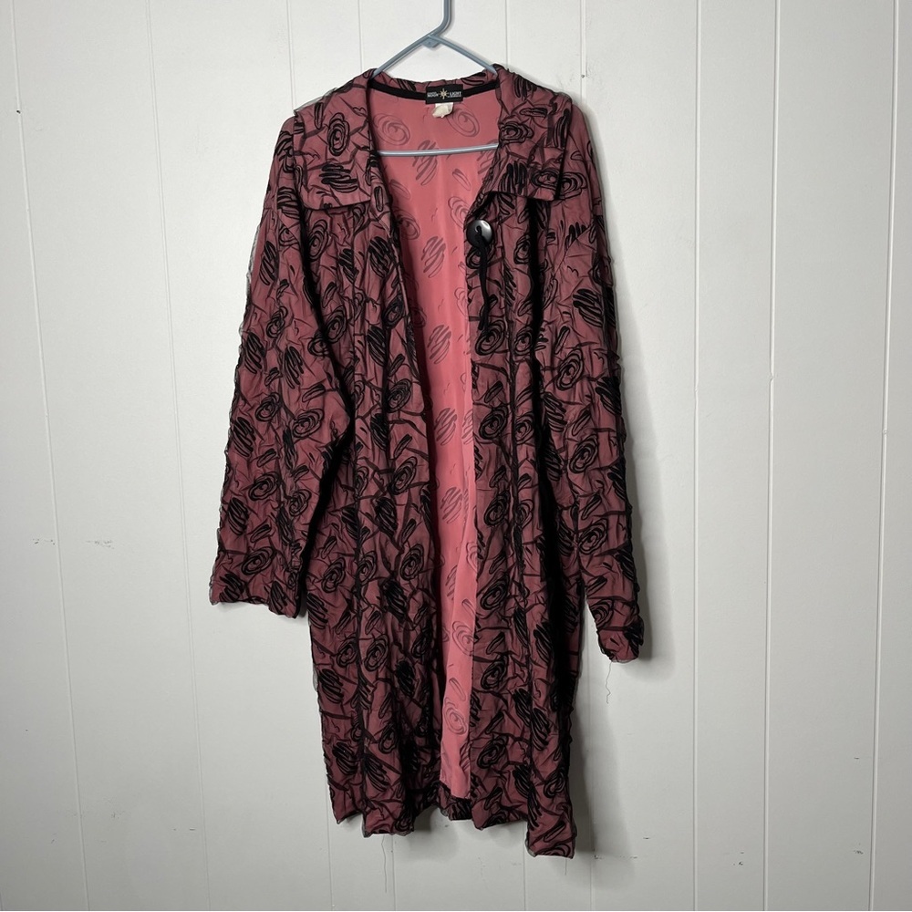 Vintage Connie's Moon Light Lightweight Long Coat Pink Black Roses Overlay 2Xl